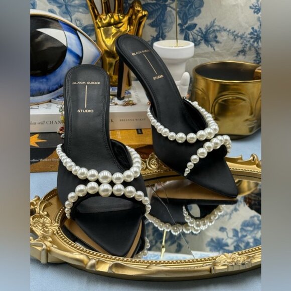 🆕 BLACK SUEDE STUDIO 🧿 NWOB Gigi 80 Pearl Black Satin Mule Sandals, Sz 40 US 9 - Picture 7 of 16